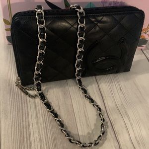 Authentic CHANEL  black cambon lamb skin long wallet CC Zipper coin crossbody